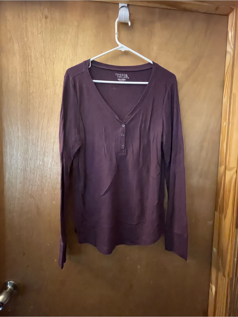 Time and Tru Plum Ribbed Long-Sleeve Henley Top
